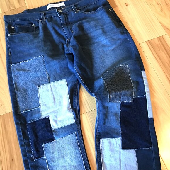 Men’s Patchwork Jeans, Size 36-30: Upcycled Distressed Denim on Denim Patches - Picture 9 of 10